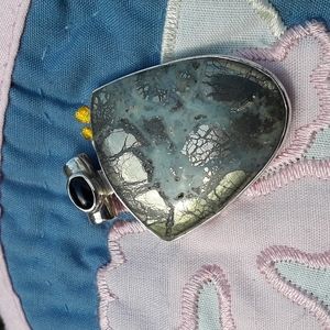 Rare Pyrite in Agate w/ black onyx Sterling silver gemstone pendant shield